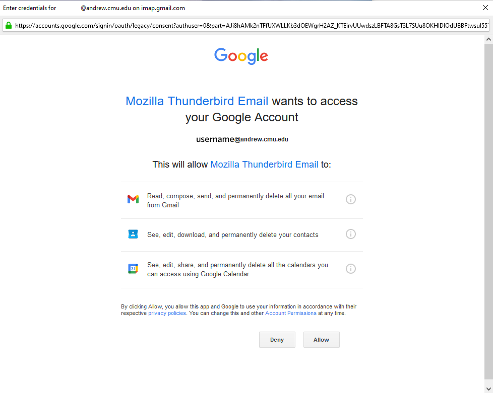 Google prompt to allow Mozilla Thunderbird Email access to your Google Account with buttons to Deny or Allow.