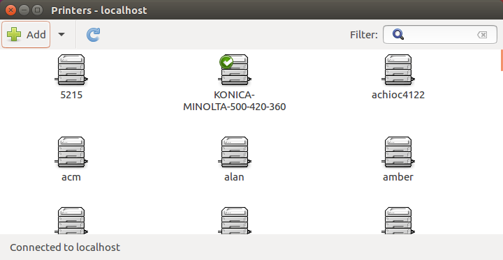 Screenshot of Printers - localhost - click + Add to configure a new printer
