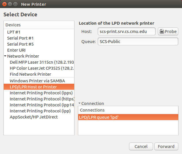 Screenshot of select device - LPD/LPR printer - Host = scs-print.srv.cs.cmu.edu queue = SCS-Public