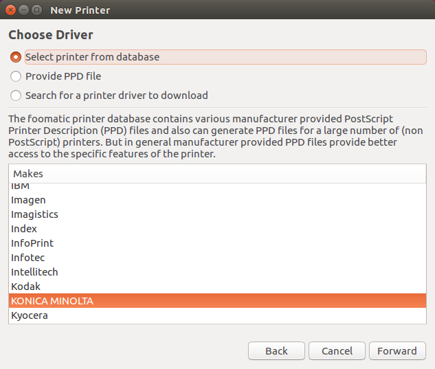 Screenshot of choosing driver - select from database radio button and KONICA MINOLTA printer