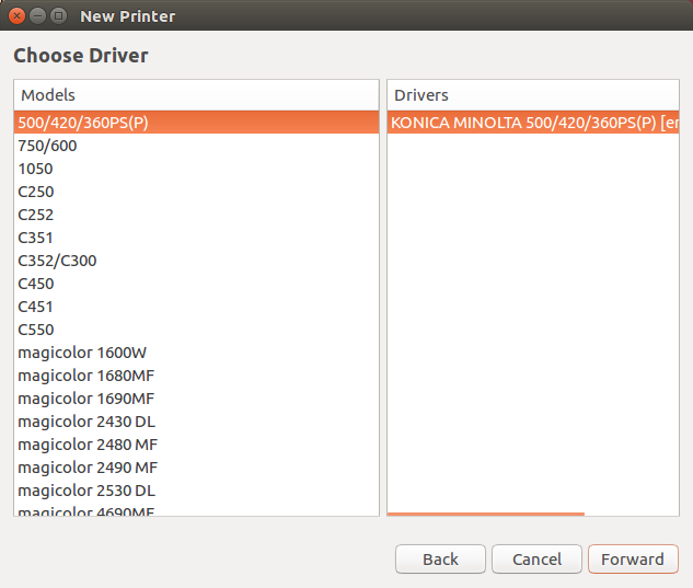 Screenshot of choosing printer driver - Model 500/420/360PS(P) - KONICA MINOLTA driver