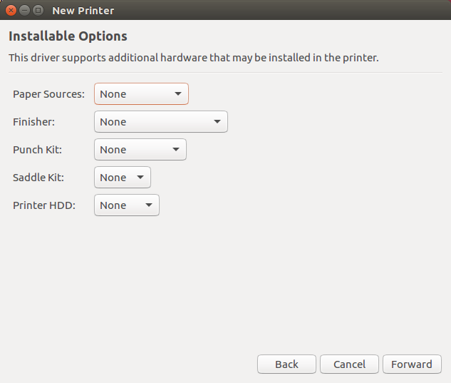screenshot of installable printer options - defaults selected