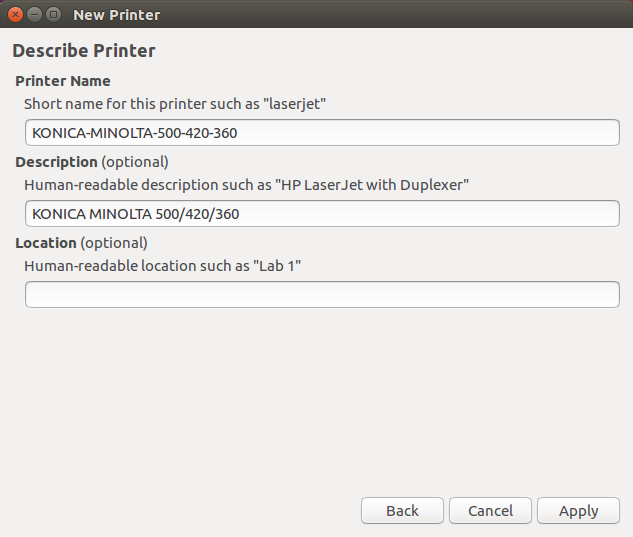 Screenshot of printer description - defaults to KONICA-MINOLTA-500-420-360