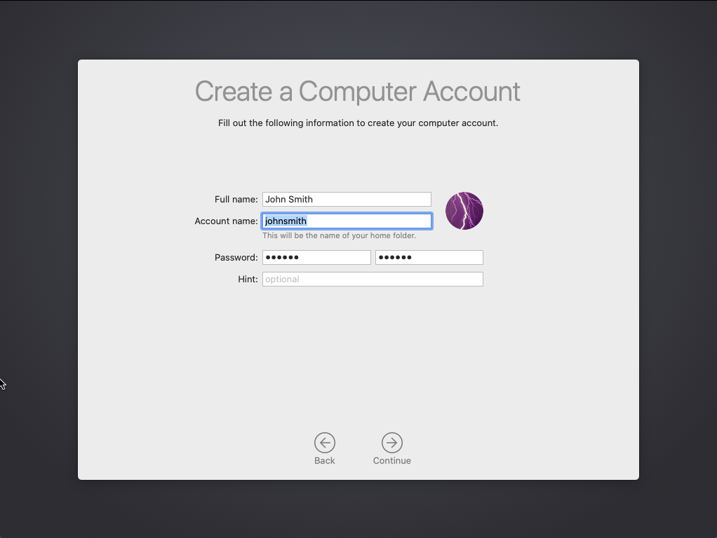 Setup Assistant Create Account