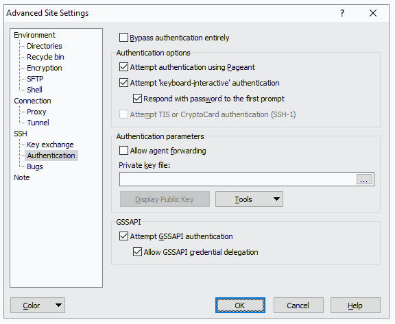 WinSCP Advanced Site Settings Window with both GSSAPI options checked