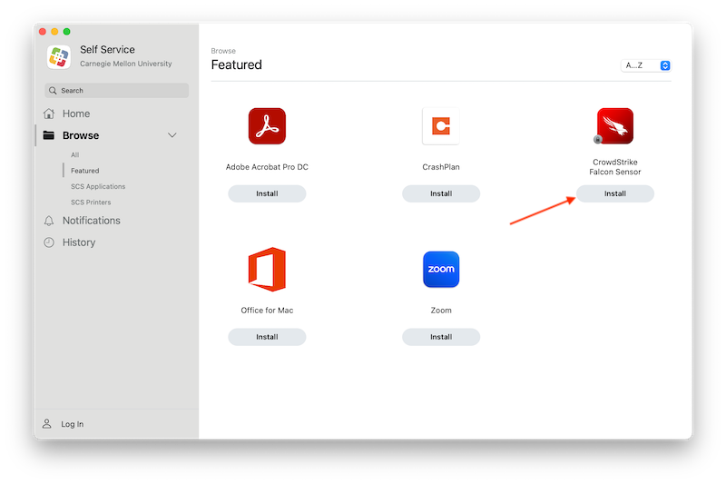 The self service portal showing the Crowdstrike app in the mac self service software app store.