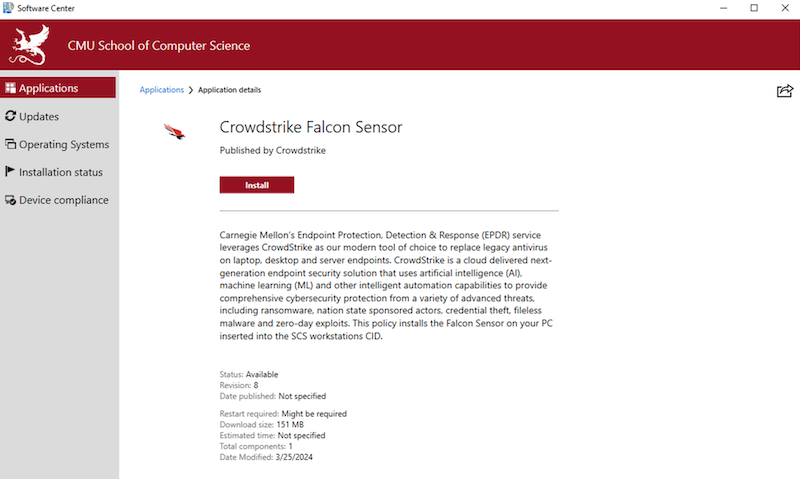 The Crowdstrike app description in the windows software center..